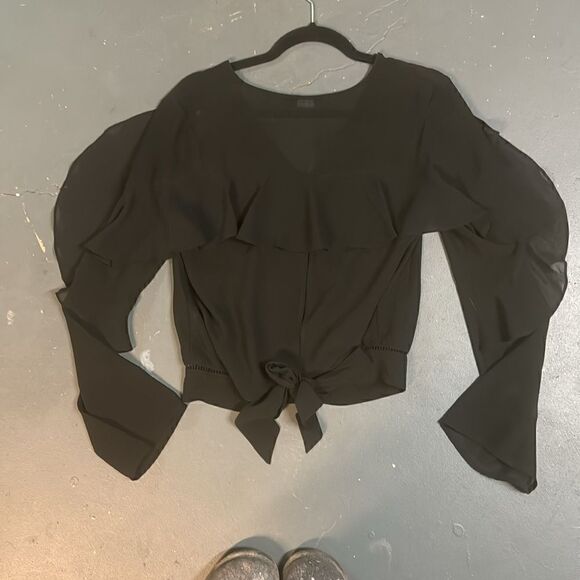 Black Sheer Marciano Bell Sleeve Ruffle Blouse - Picture 4 of 9